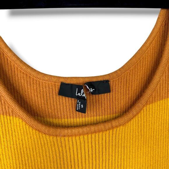 Lulus NWOT Delfi Yellow Color Block Fringe Stretchy Sweater Midi Bodycon Dress - Picture 7 of 11